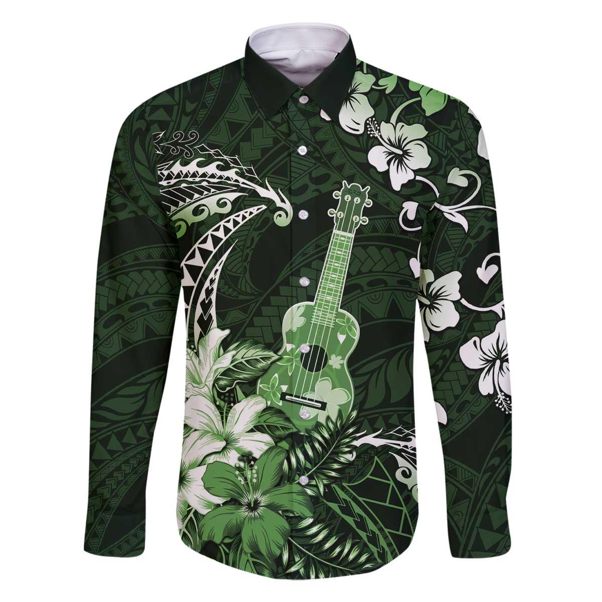Hawaii Ukulele Family Matching Off The Shoulder Long Sleeve Dress and Hawaiian Shirt Polynesian Pattern Mix Hibiscus Green Version LT05 Dad's Shirt - Long Sleeve Green - Polynesian Pride
