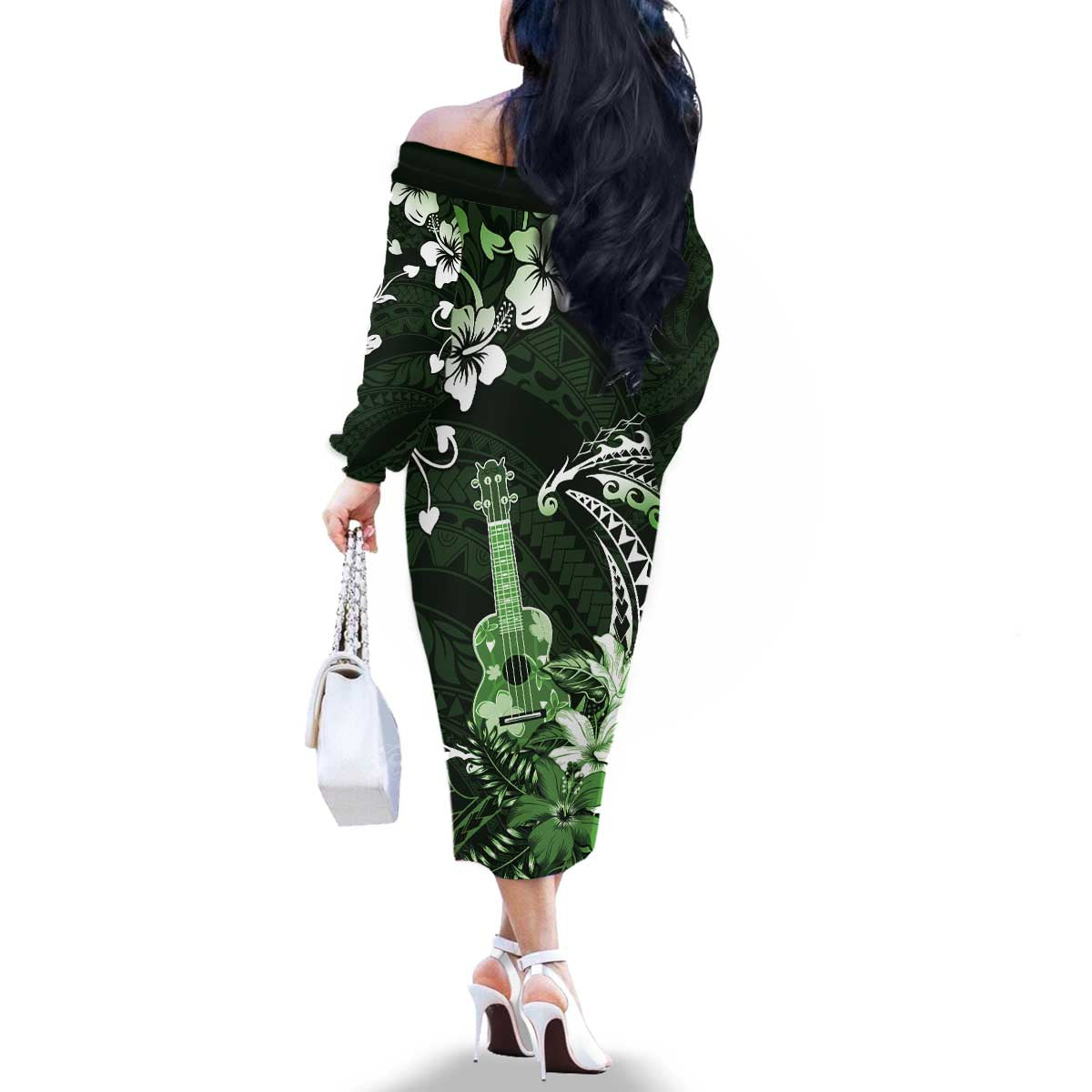 Hawaii Ukulele Family Matching Off The Shoulder Long Sleeve Dress and Hawaiian Shirt Polynesian Pattern Mix Hibiscus Green Version LT05 - Polynesian Pride