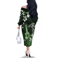 Hawaii Ukulele Family Matching Off The Shoulder Long Sleeve Dress and Hawaiian Shirt Polynesian Pattern Mix Hibiscus Green Version LT05 - Polynesian Pride