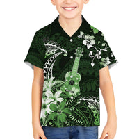 Hawaii Ukulele Family Matching Off The Shoulder Long Sleeve Dress and Hawaiian Shirt Polynesian Pattern Mix Hibiscus Green Version LT05 Son's Shirt Green - Polynesian Pride