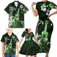 Hawaii Ukulele Family Matching Short Sleeve Bodycon Dress and Hawaiian Shirt Polynesian Pattern Mix Hibiscus Green Version LT05 - Polynesian Pride