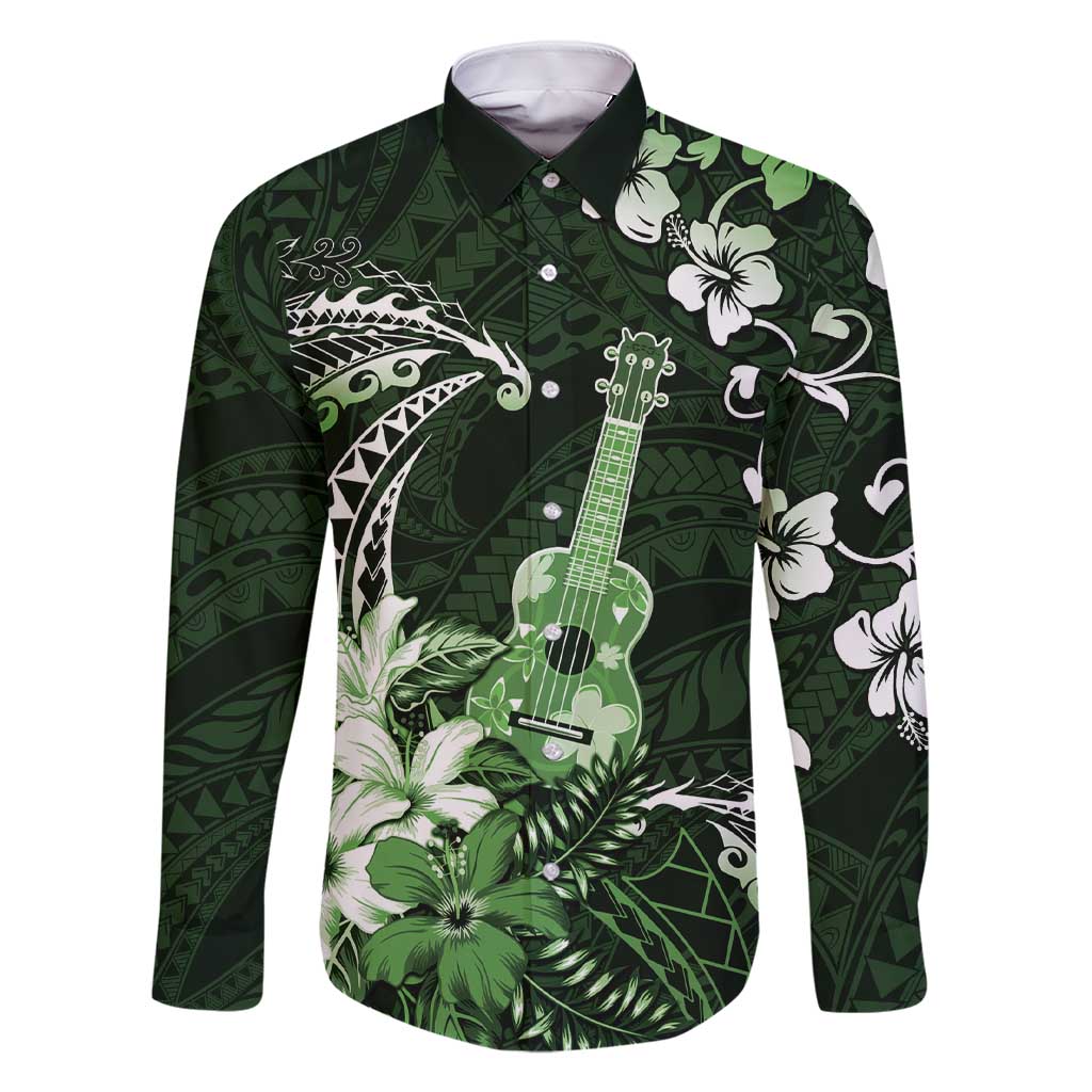 Hawaii Ukulele Family Matching Short Sleeve Bodycon Dress and Hawaiian Shirt Polynesian Pattern Mix Hibiscus Green Version LT05 Dad's Shirt - Long Sleeve Green - Polynesian Pride