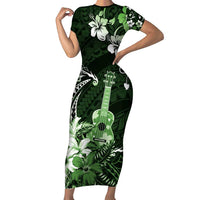 Hawaii Ukulele Family Matching Short Sleeve Bodycon Dress and Hawaiian Shirt Polynesian Pattern Mix Hibiscus Green Version LT05 Mom's Dress Green - Polynesian Pride