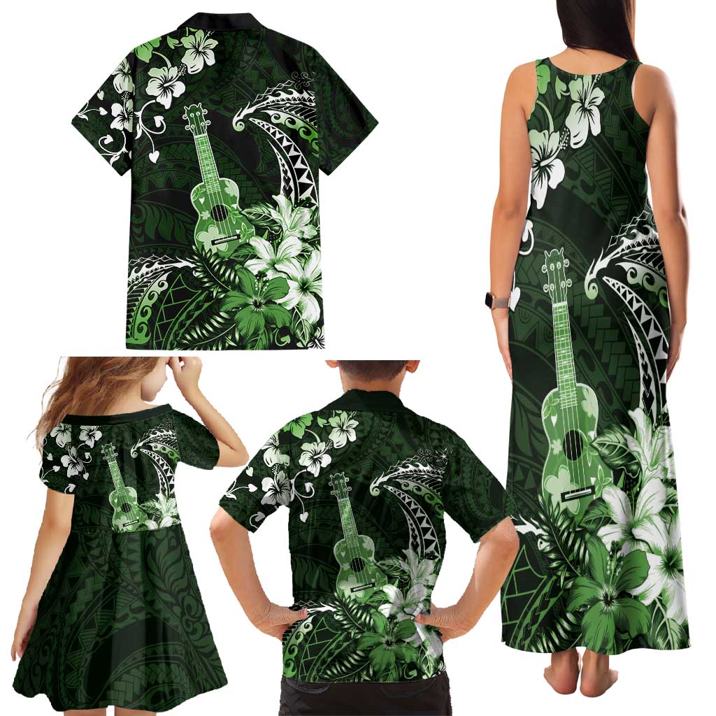 Hawaii Ukulele Family Matching Tank Maxi Dress and Hawaiian Shirt Polynesian Pattern Mix Hibiscus Green Version LT05 - Polynesian Pride
