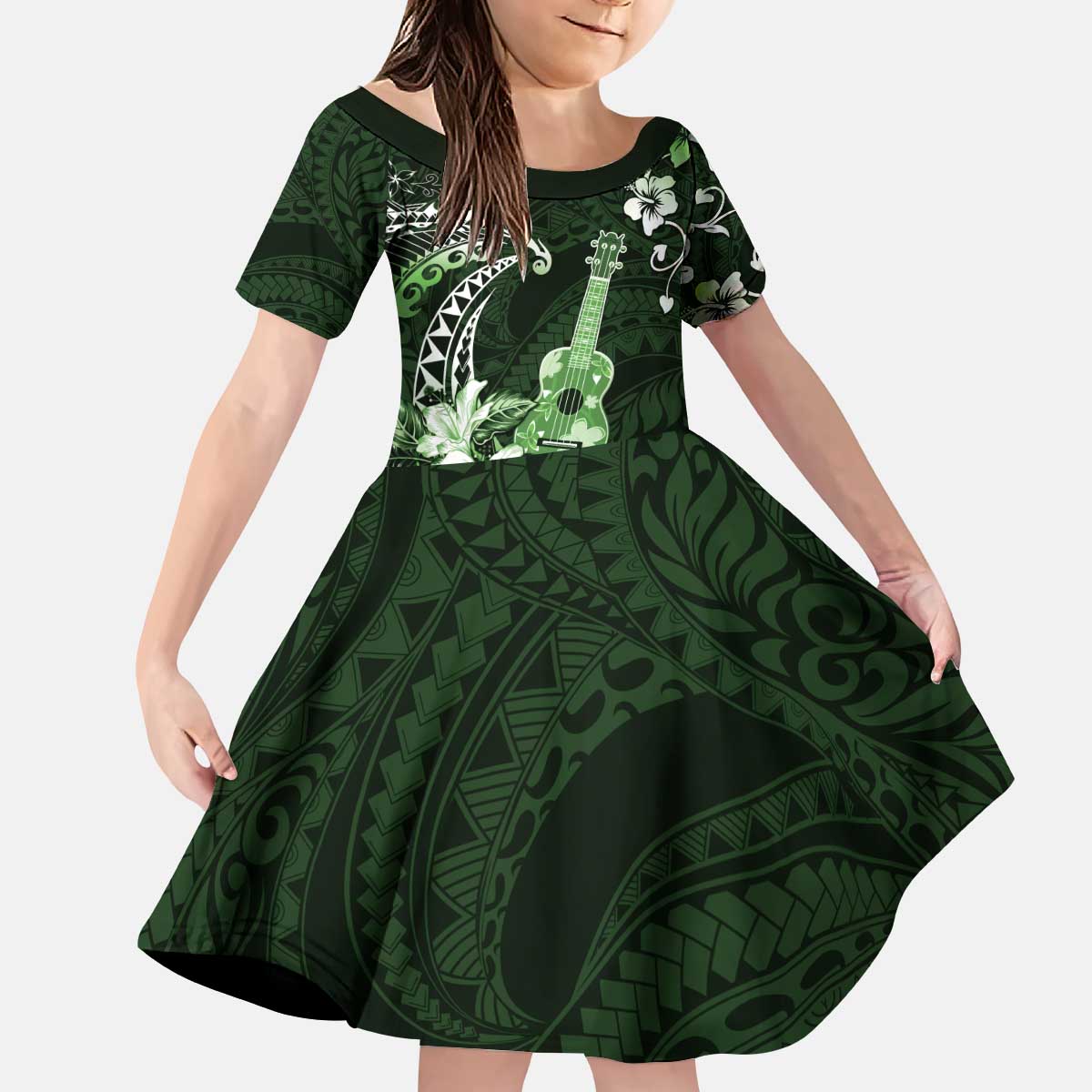 Hawaii Ukulele Kid Short Sleeve Dress Polynesian Pattern Mix Hibiscus Green Version LT05 KID Green - Polynesian Pride