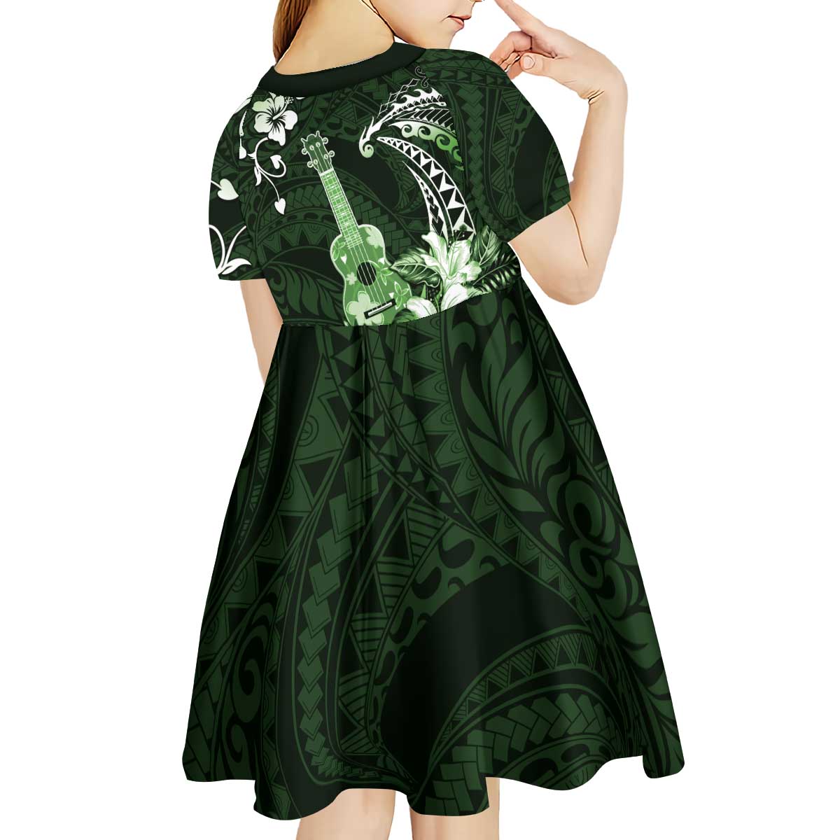 Hawaii Ukulele Kid Short Sleeve Dress Polynesian Pattern Mix Hibiscus Green Version LT05 - Polynesian Pride
