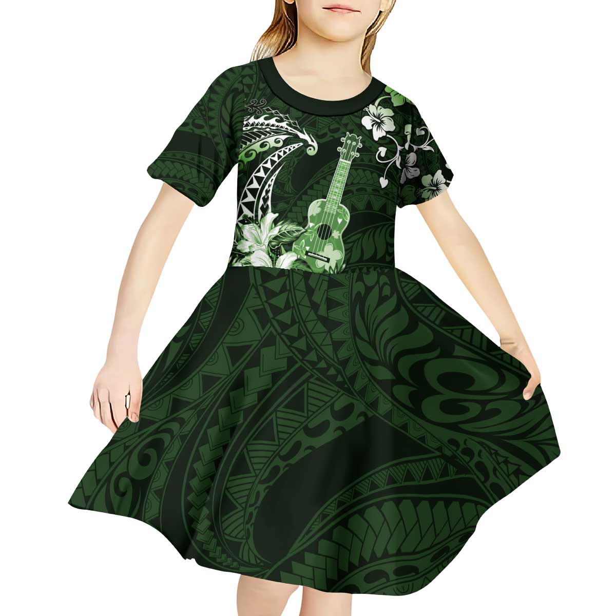 Hawaii Ukulele Kid Short Sleeve Dress Polynesian Pattern Mix Hibiscus Green Version LT05 - Polynesian Pride