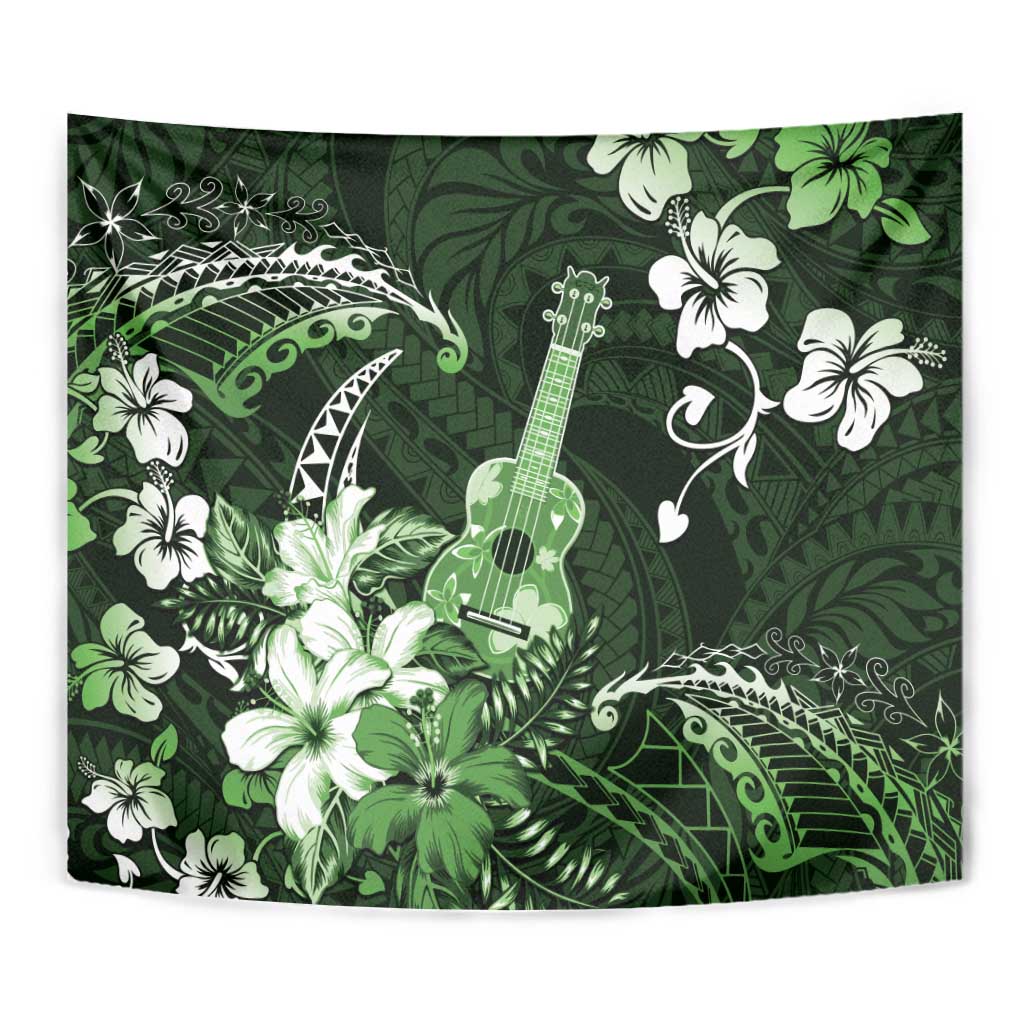 Hawaii Ukulele Tapestry Polynesian Pattern Mix Hibiscus Green Version