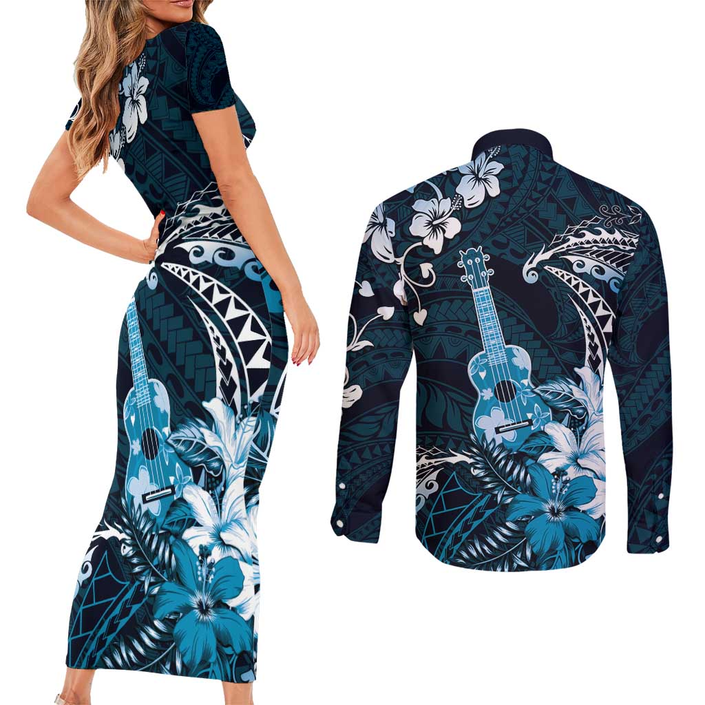 Hawaii Ukulele Couples Matching Short Sleeve Bodycon Dress and Long Sleeve Button Shirt Polynesian Pattern Mix Hibiscus Blue Version LT05