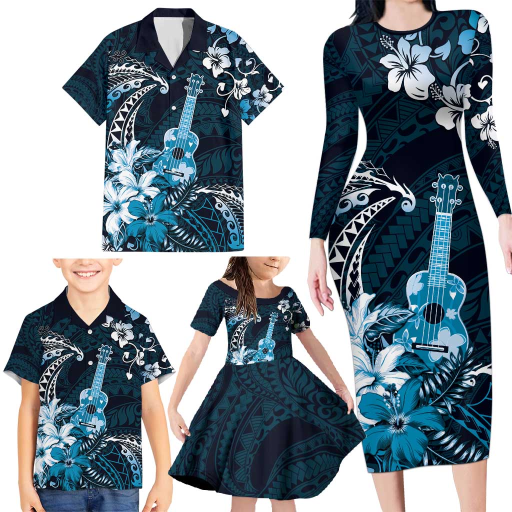 Hawaii Ukulele Family Matching Long Sleeve Bodycon Dress and Hawaiian Shirt Polynesian Pattern Mix Hibiscus Blue Version LT05 - Polynesian Pride