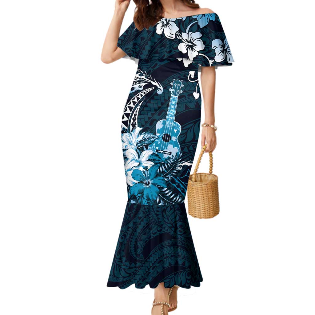 Hawaii Ukulele Family Matching Mermaid Dress and Hawaiian Shirt Polynesian Pattern Mix Hibiscus Blue Version LT05