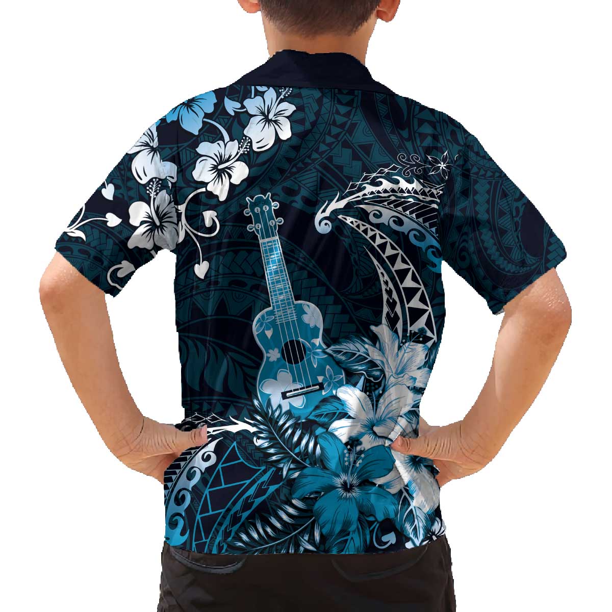 Hawaii Ukulele Family Matching Off The Shoulder Long Sleeve Dress and Hawaiian Shirt Polynesian Pattern Mix Hibiscus Blue Version LT05 - Polynesian Pride