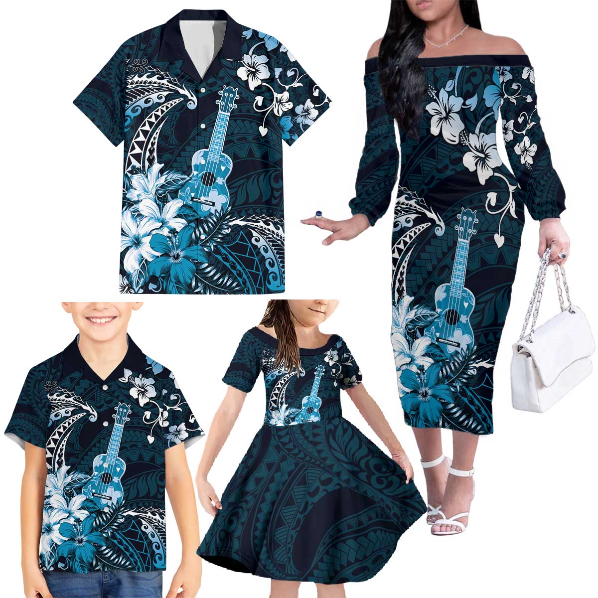 Hawaii Ukulele Family Matching Off The Shoulder Long Sleeve Dress and Hawaiian Shirt Polynesian Pattern Mix Hibiscus Blue Version LT05 - Polynesian Pride
