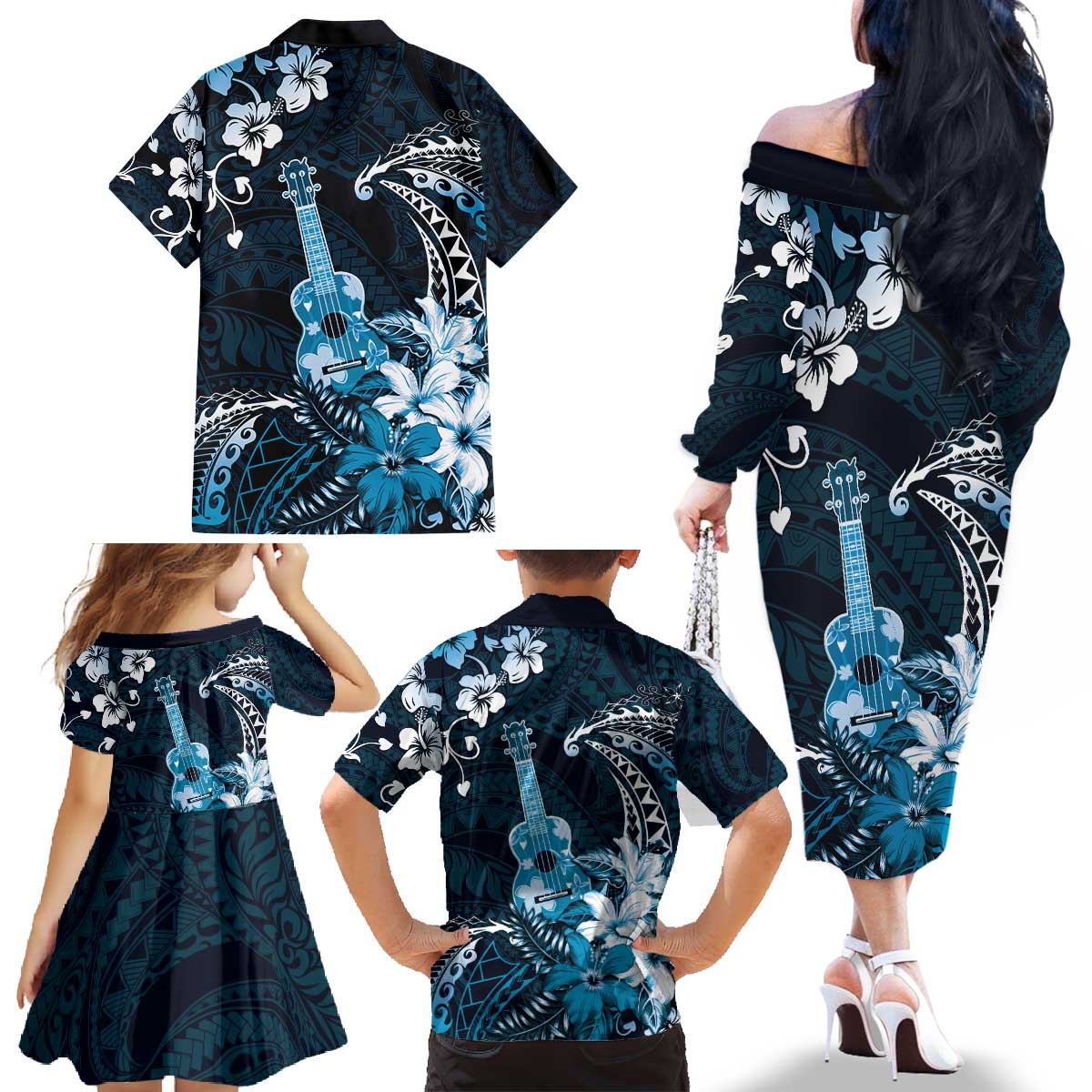 Hawaii Ukulele Family Matching Off The Shoulder Long Sleeve Dress and Hawaiian Shirt Polynesian Pattern Mix Hibiscus Blue Version LT05 - Polynesian Pride