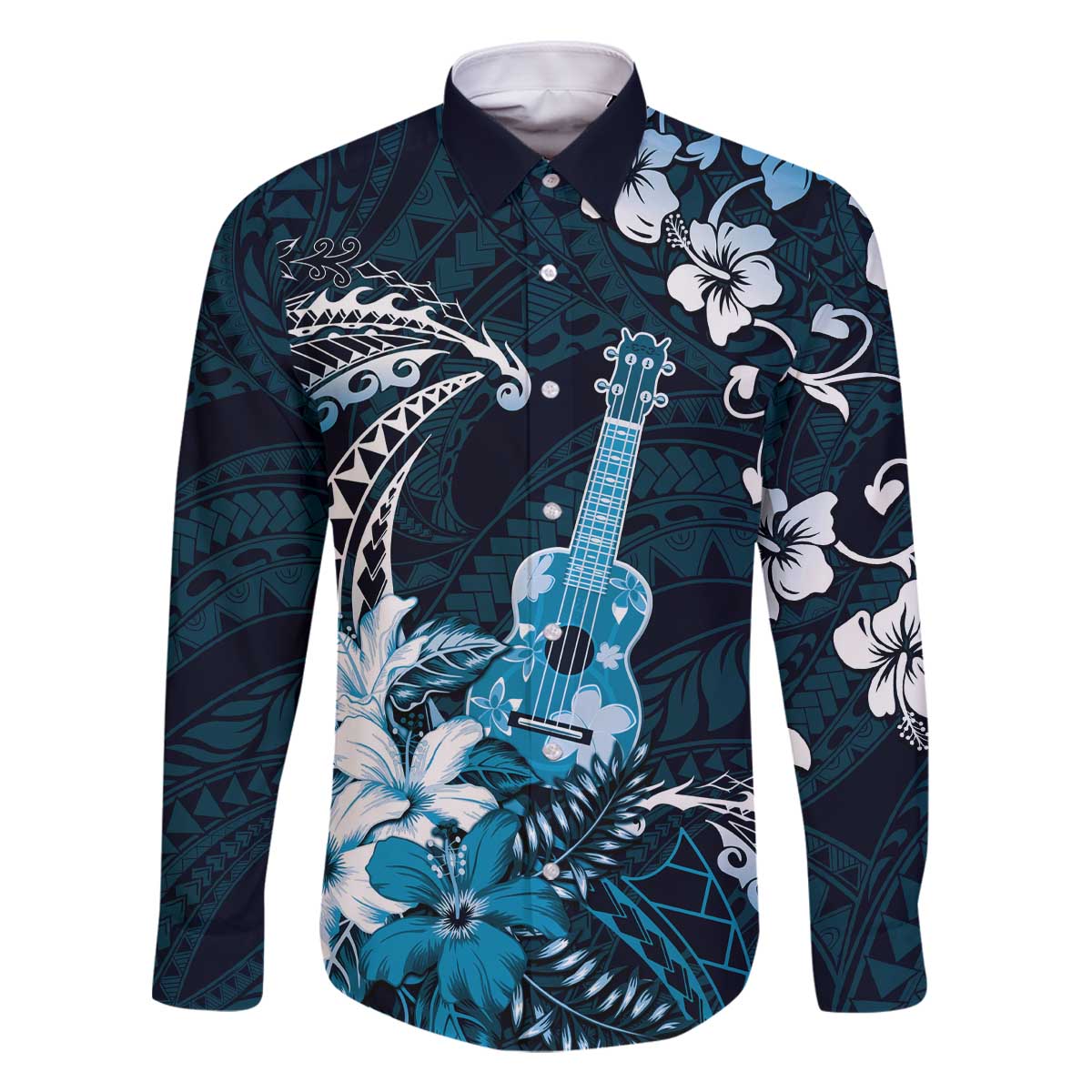 Hawaii Ukulele Family Matching Off The Shoulder Long Sleeve Dress and Hawaiian Shirt Polynesian Pattern Mix Hibiscus Blue Version LT05 Dad's Shirt - Long Sleeve Blue - Polynesian Pride