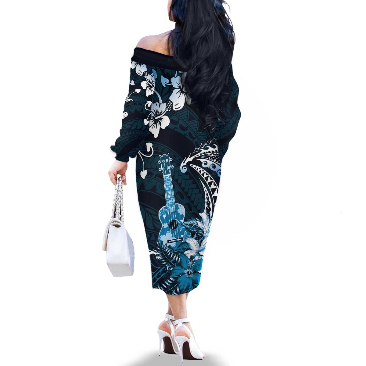 Hawaii Ukulele Family Matching Off The Shoulder Long Sleeve Dress and Hawaiian Shirt Polynesian Pattern Mix Hibiscus Blue Version LT05 - Polynesian Pride