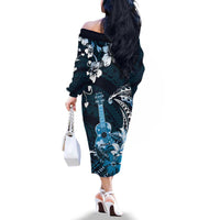 Hawaii Ukulele Family Matching Off The Shoulder Long Sleeve Dress and Hawaiian Shirt Polynesian Pattern Mix Hibiscus Blue Version LT05 - Polynesian Pride