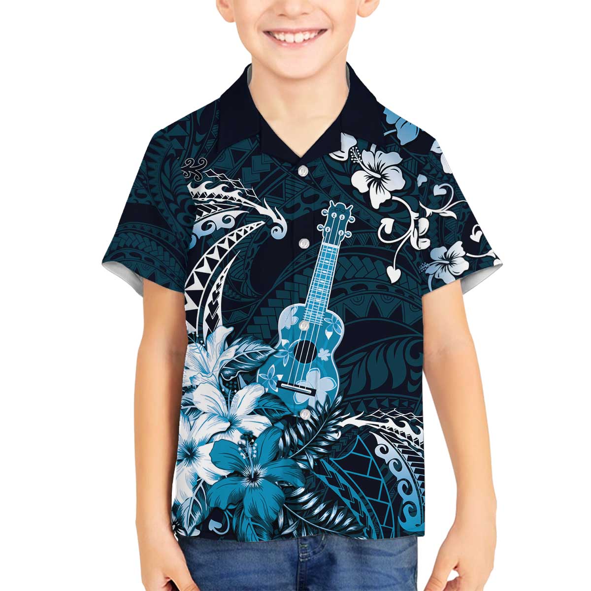 Hawaii Ukulele Family Matching Off The Shoulder Long Sleeve Dress and Hawaiian Shirt Polynesian Pattern Mix Hibiscus Blue Version LT05 Son's Shirt Blue - Polynesian Pride