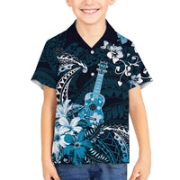 Hawaii Ukulele Family Matching Off The Shoulder Long Sleeve Dress and Hawaiian Shirt Polynesian Pattern Mix Hibiscus Blue Version LT05 Son's Shirt Blue - Polynesian Pride
