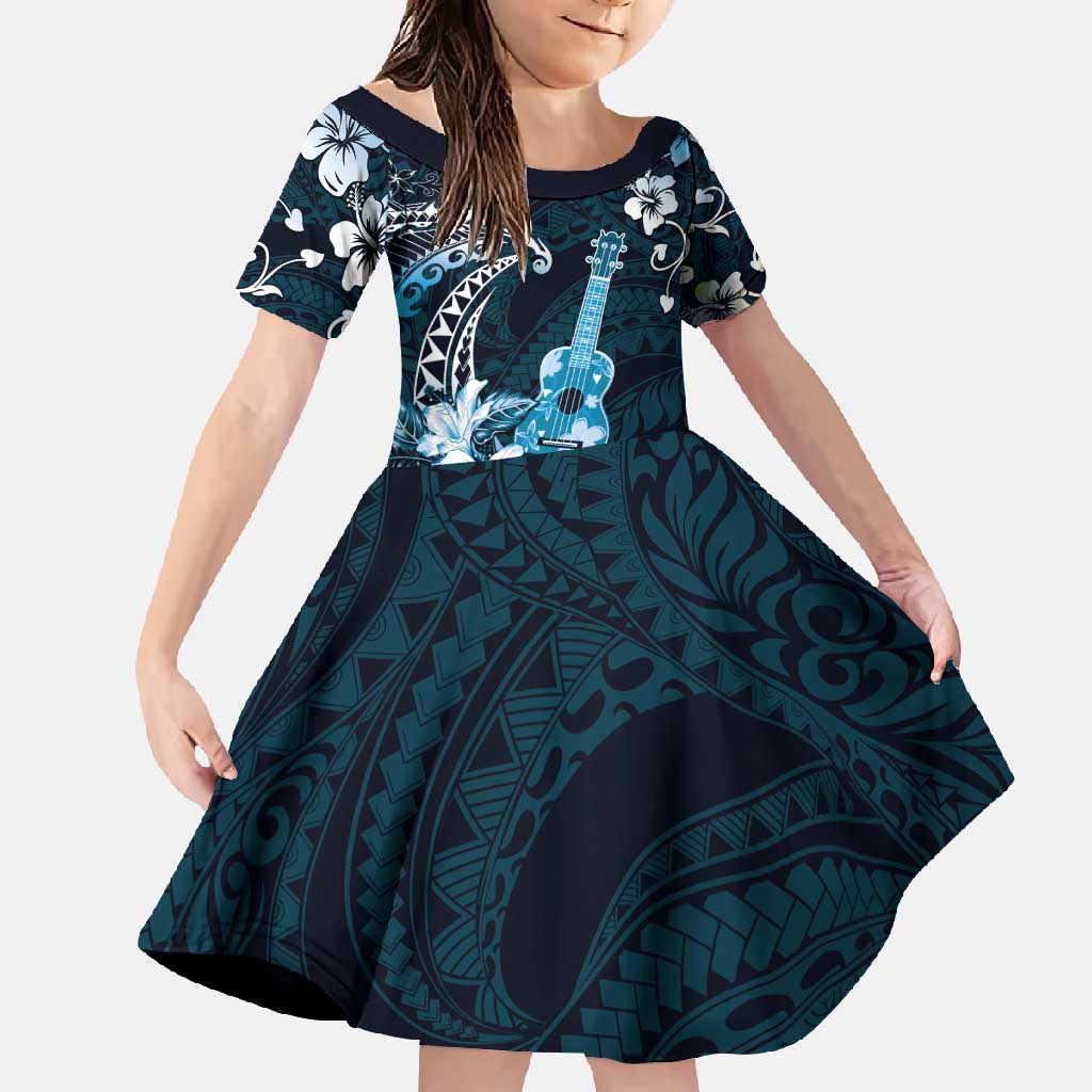 Hawaii Ukulele Family Matching Off Shoulder Maxi Dress and Hawaiian Shirt Polynesian Pattern Mix Hibiscus Blue Version LT05