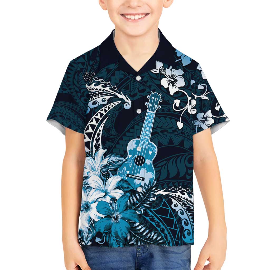 Hawaii Ukulele Family Matching Off Shoulder Maxi Dress and Hawaiian Shirt Polynesian Pattern Mix Hibiscus Blue Version LT05