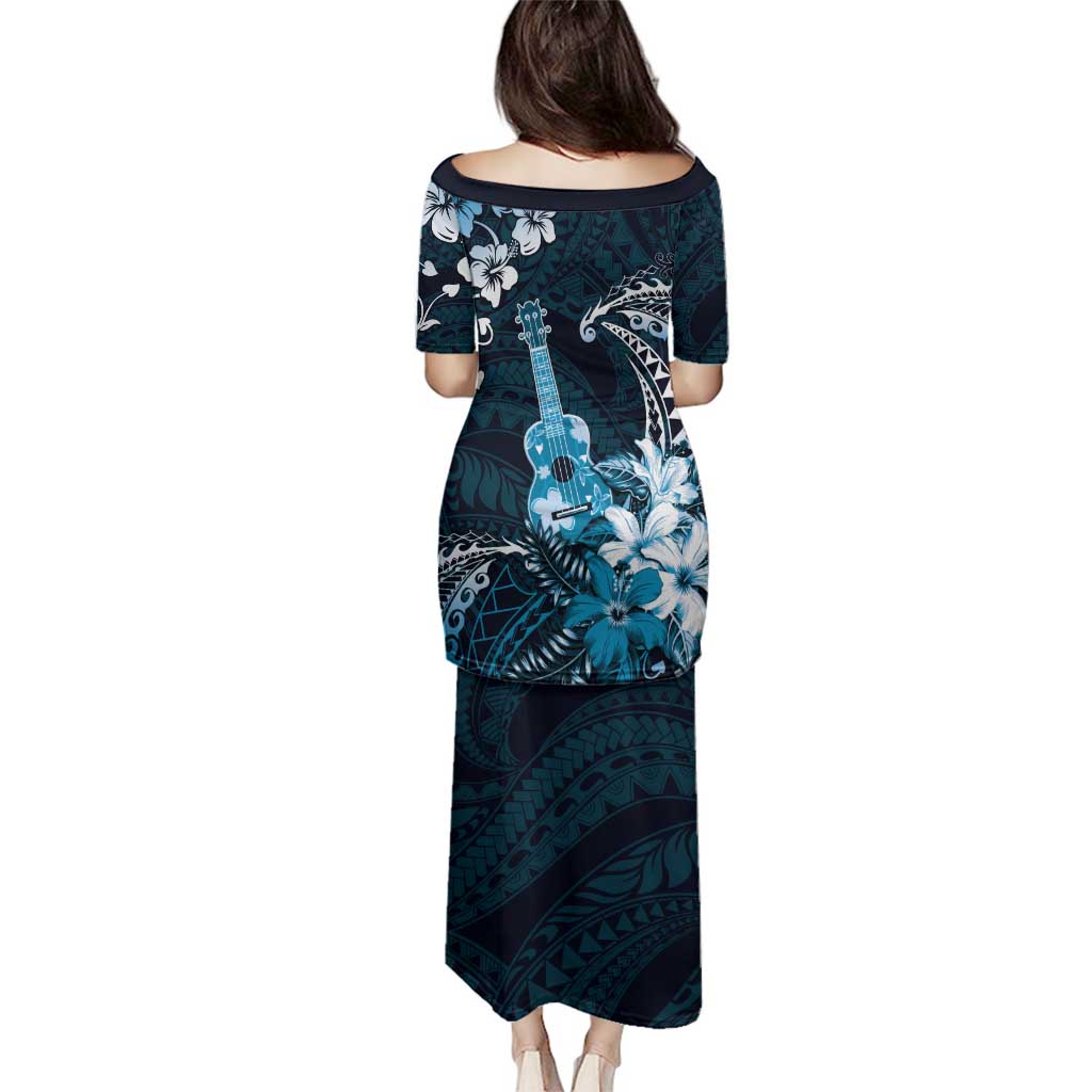 Hawaii Ukulele Family Matching Puletasi and Hawaiian Shirt Polynesian Pattern Mix Hibiscus Blue Version LT05