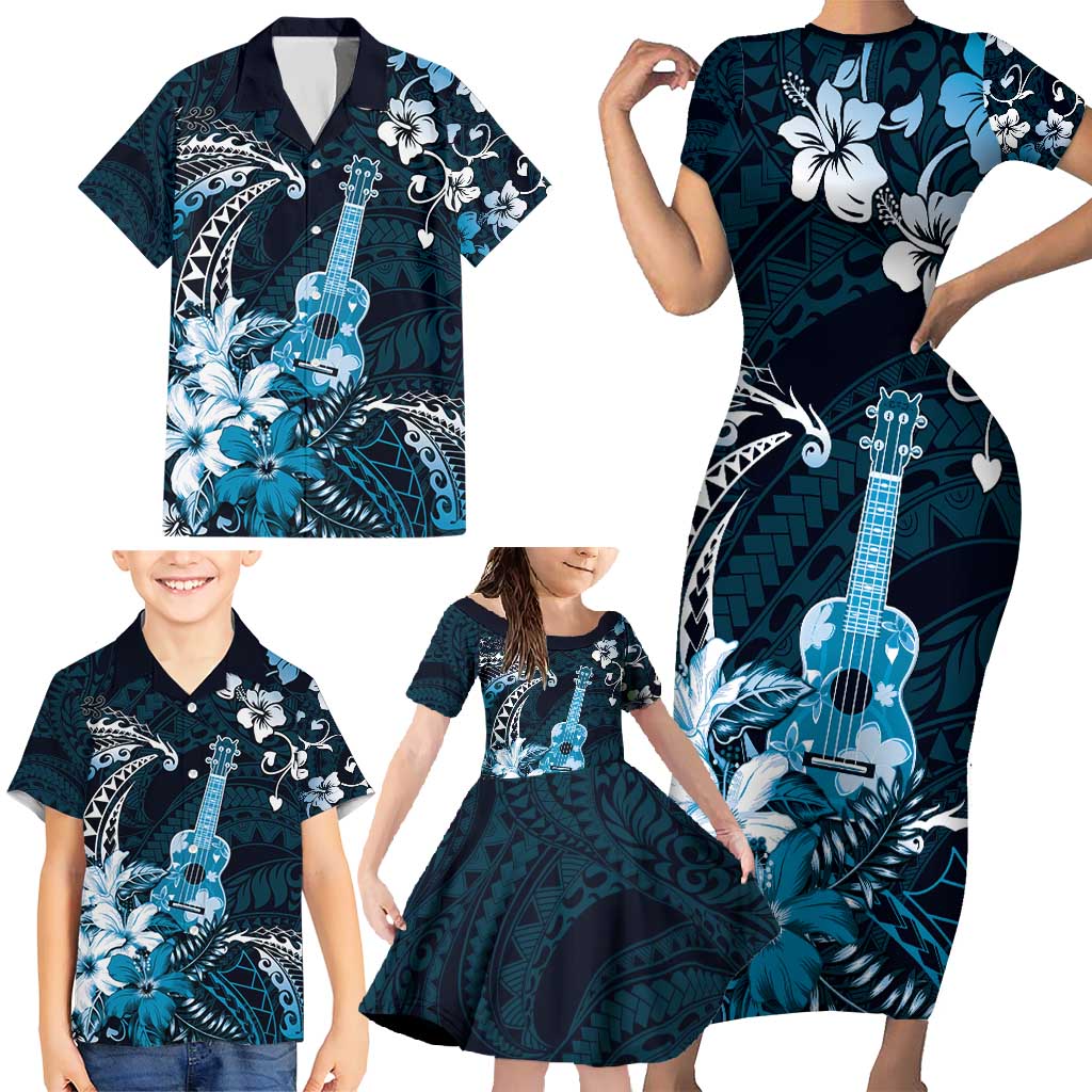 Hawaii Ukulele Family Matching Short Sleeve Bodycon Dress and Hawaiian Shirt Polynesian Pattern Mix Hibiscus Blue Version LT05 - Polynesian Pride