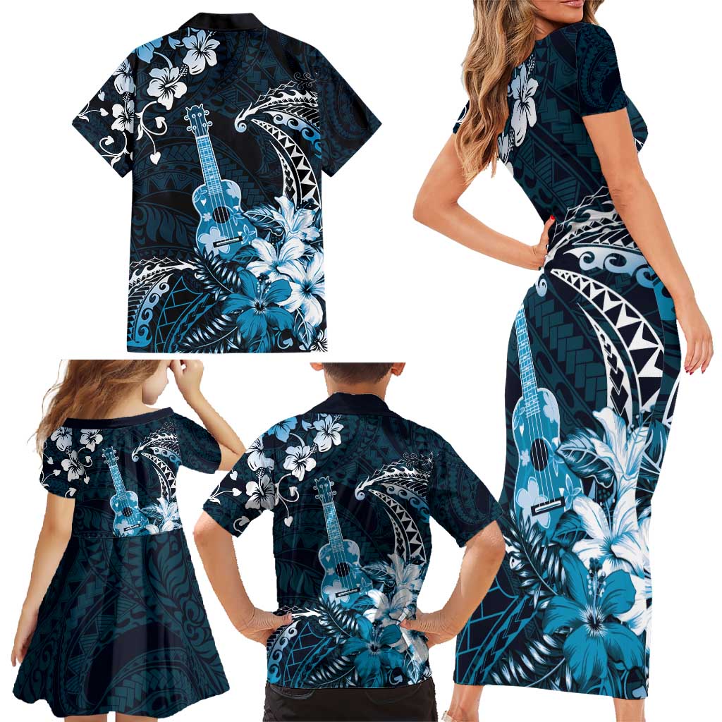Hawaii Ukulele Family Matching Short Sleeve Bodycon Dress and Hawaiian Shirt Polynesian Pattern Mix Hibiscus Blue Version LT05 - Polynesian Pride