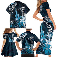 Hawaii Ukulele Family Matching Short Sleeve Bodycon Dress and Hawaiian Shirt Polynesian Pattern Mix Hibiscus Blue Version LT05 - Polynesian Pride
