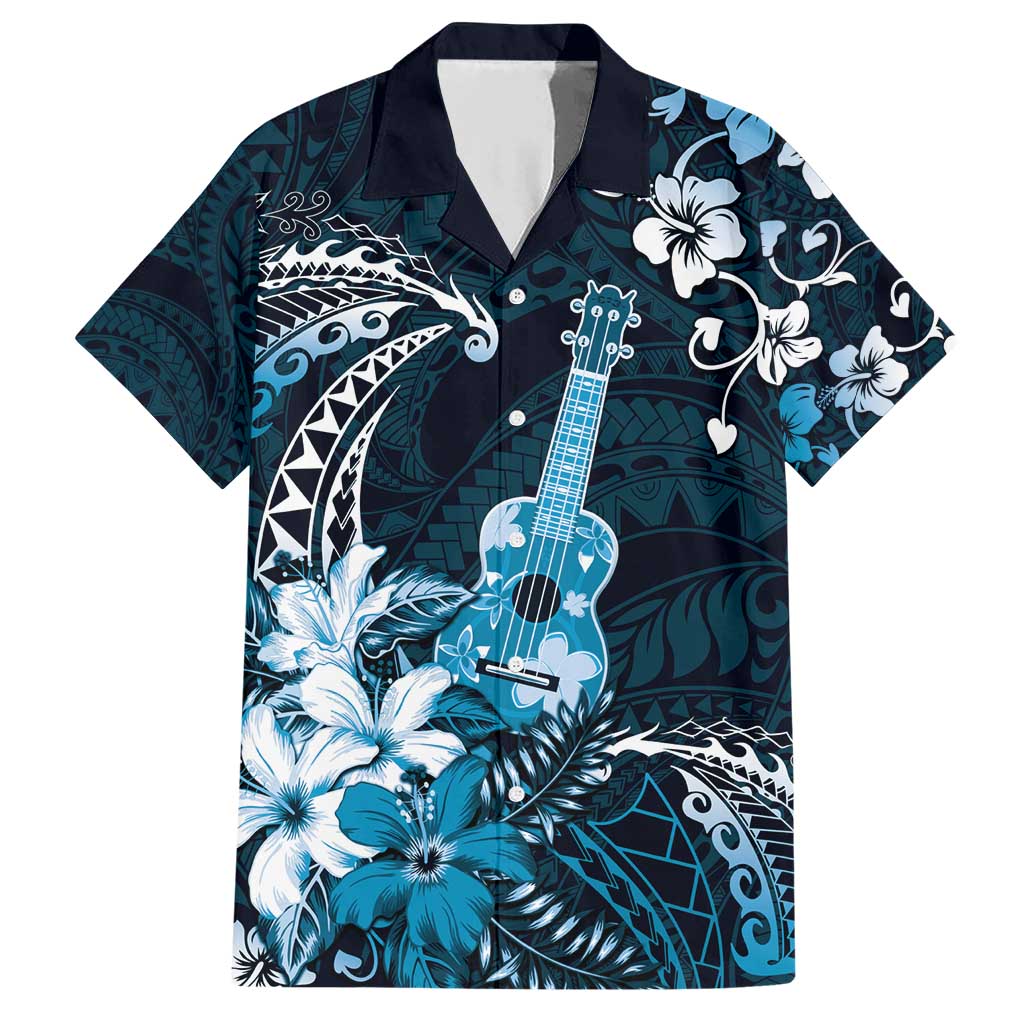 Hawaii Ukulele Family Matching Short Sleeve Bodycon Dress and Hawaiian Shirt Polynesian Pattern Mix Hibiscus Blue Version LT05 Dad's Shirt - Short Sleeve Blue - Polynesian Pride