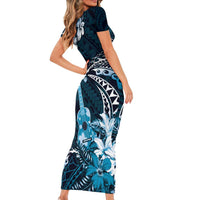 Hawaii Ukulele Family Matching Short Sleeve Bodycon Dress and Hawaiian Shirt Polynesian Pattern Mix Hibiscus Blue Version LT05 - Polynesian Pride