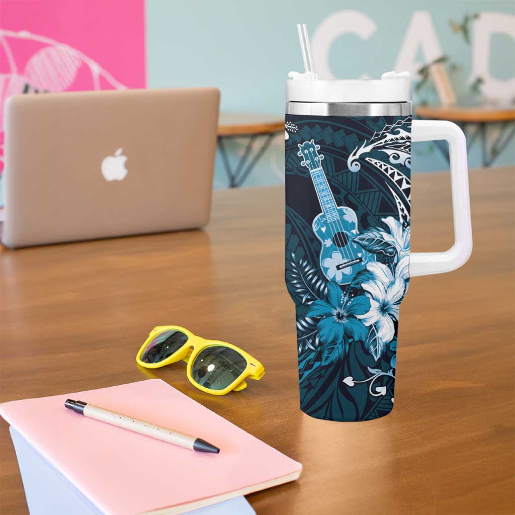 Hawaii Ukulele Tumbler With Handle Polynesian Pattern Mix Hibiscus Blue Version
