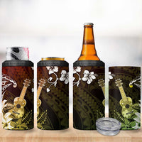 Hawaii Ukulele 4 in 1 Can Cooler Tumbler Polynesian Pattern Mix Hibiscus Reggae Version