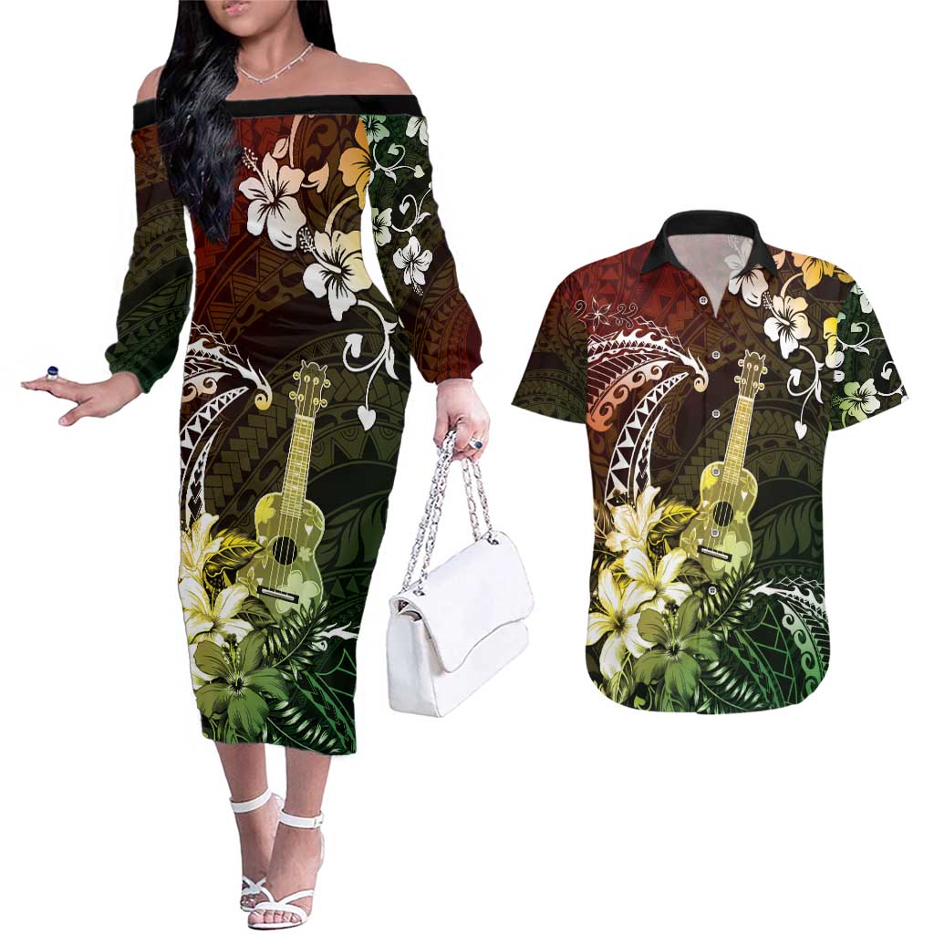 Hawaii Ukulele Couples Matching Off The Shoulder Long Sleeve Dress and Hawaiian Shirt Polynesian Pattern Mix Hibiscus Reggae Version LT05