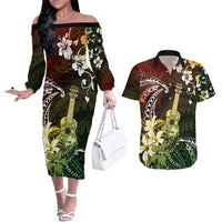 Hawaii Ukulele Couples Matching Off The Shoulder Long Sleeve Dress and Hawaiian Shirt Polynesian Pattern Mix Hibiscus Reggae Version LT05