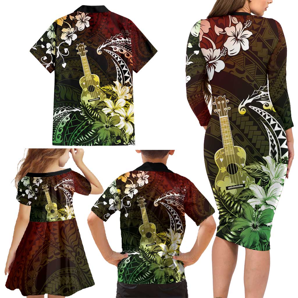 Hawaii Ukulele Family Matching Long Sleeve Bodycon Dress and Hawaiian Shirt Polynesian Pattern Mix Hibiscus Reggae Version LT05 - Polynesian Pride