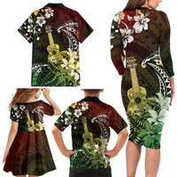 Hawaii Ukulele Family Matching Long Sleeve Bodycon Dress and Hawaiian Shirt Polynesian Pattern Mix Hibiscus Reggae Version LT05 - Polynesian Pride