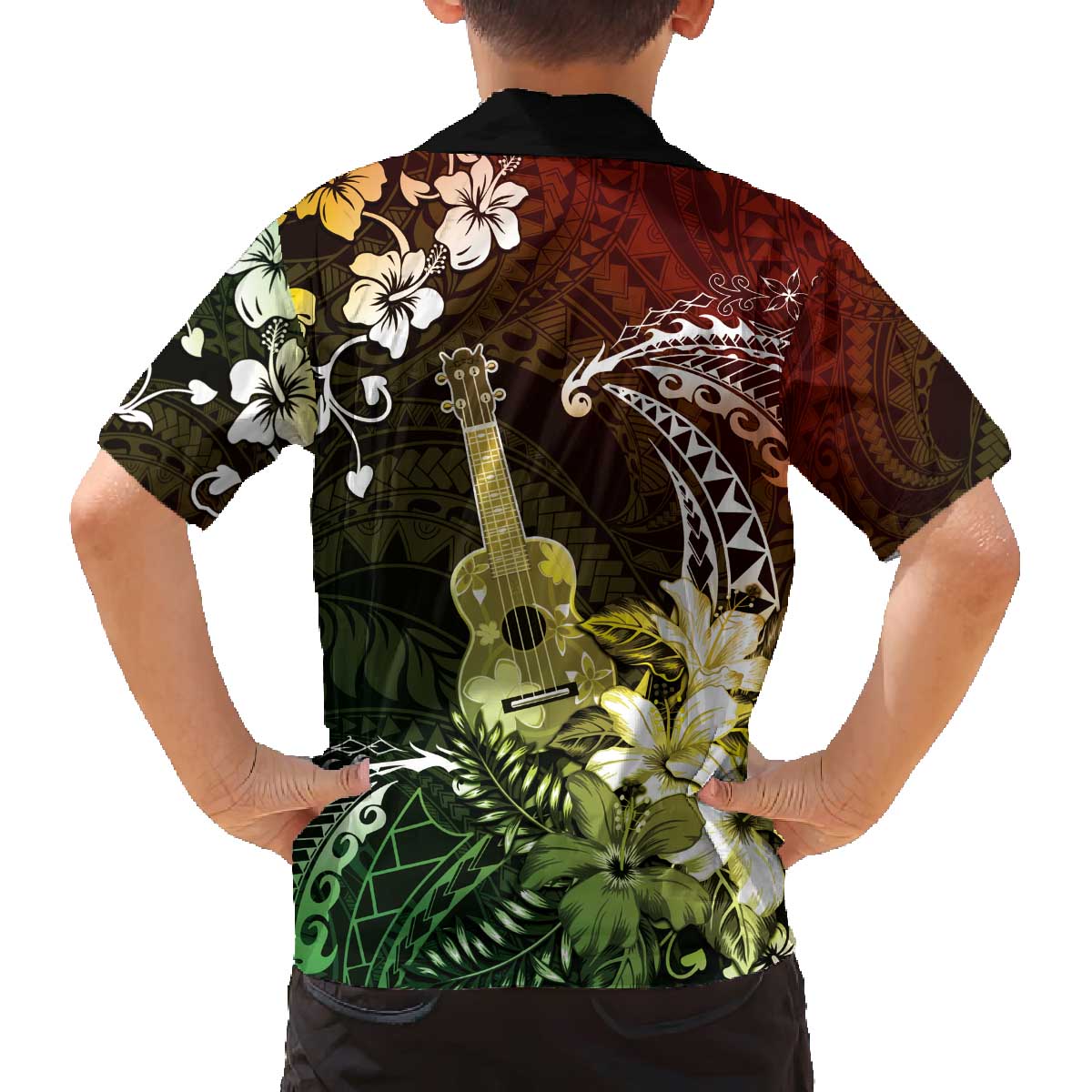 Hawaii Ukulele Family Matching Off The Shoulder Long Sleeve Dress and Hawaiian Shirt Polynesian Pattern Mix Hibiscus Reggae Version LT05 - Polynesian Pride