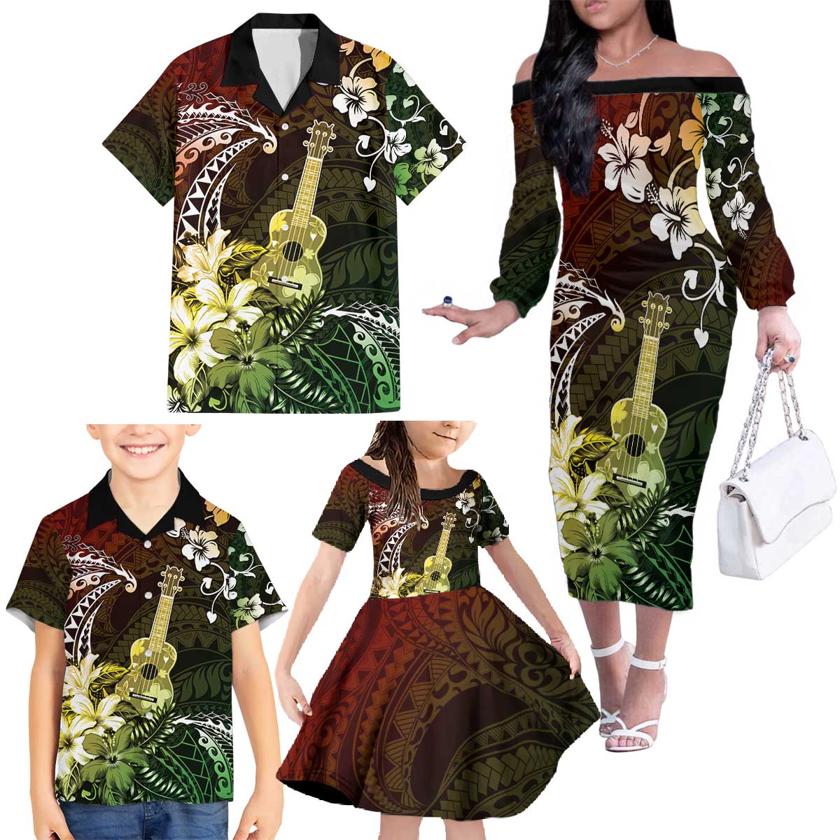 Hawaii Ukulele Family Matching Off The Shoulder Long Sleeve Dress and Hawaiian Shirt Polynesian Pattern Mix Hibiscus Reggae Version LT05 - Polynesian Pride