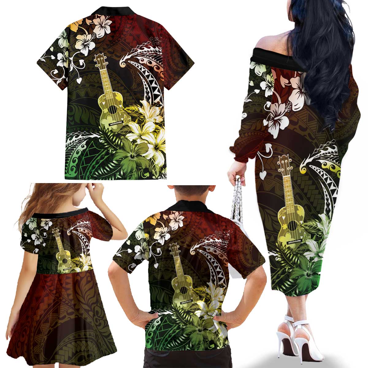 Hawaii Ukulele Family Matching Off The Shoulder Long Sleeve Dress and Hawaiian Shirt Polynesian Pattern Mix Hibiscus Reggae Version LT05 - Polynesian Pride