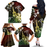 Hawaii Ukulele Family Matching Off The Shoulder Long Sleeve Dress and Hawaiian Shirt Polynesian Pattern Mix Hibiscus Reggae Version LT05 - Polynesian Pride