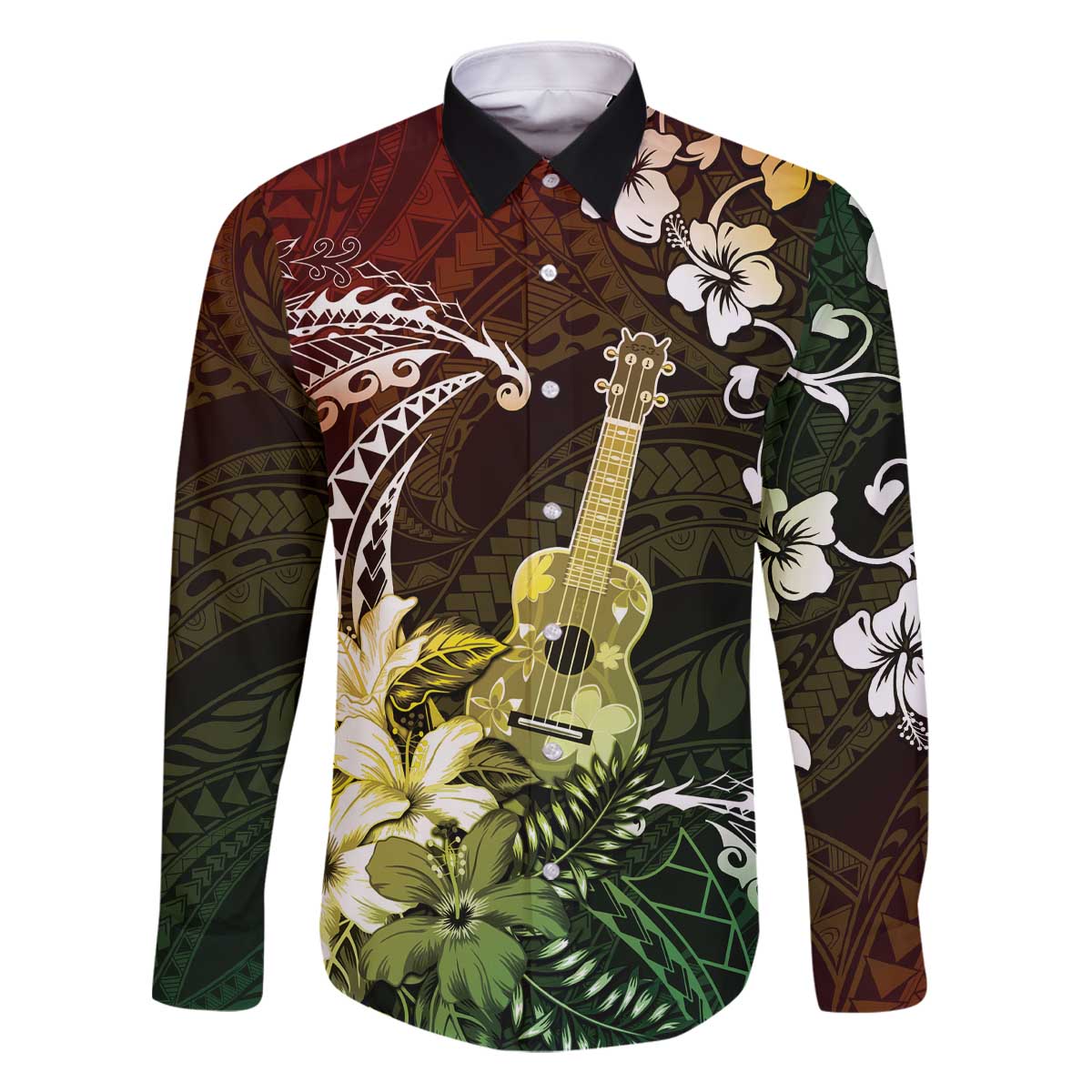 Hawaii Ukulele Family Matching Off The Shoulder Long Sleeve Dress and Hawaiian Shirt Polynesian Pattern Mix Hibiscus Reggae Version LT05 Dad's Shirt - Long Sleeve Reggae - Polynesian Pride