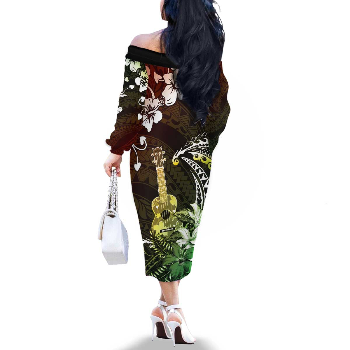 Hawaii Ukulele Family Matching Off The Shoulder Long Sleeve Dress and Hawaiian Shirt Polynesian Pattern Mix Hibiscus Reggae Version LT05 - Polynesian Pride