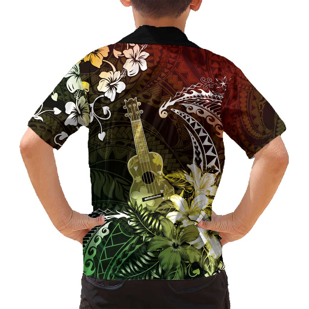 Hawaii Ukulele Family Matching Off Shoulder Maxi Dress and Hawaiian Shirt Polynesian Pattern Mix Hibiscus Reggae Version LT05