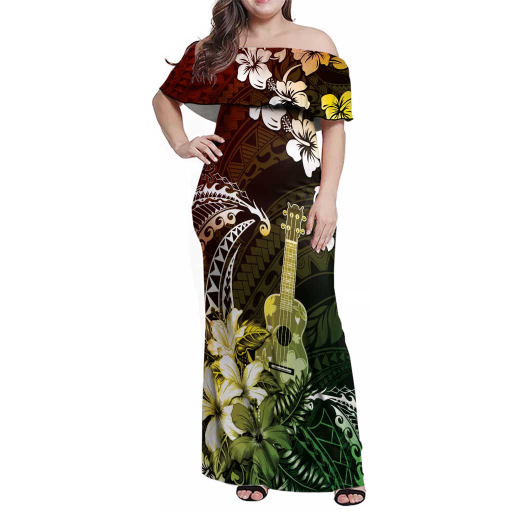 Hawaii Ukulele Family Matching Off Shoulder Maxi Dress and Hawaiian Shirt Polynesian Pattern Mix Hibiscus Reggae Version LT05
