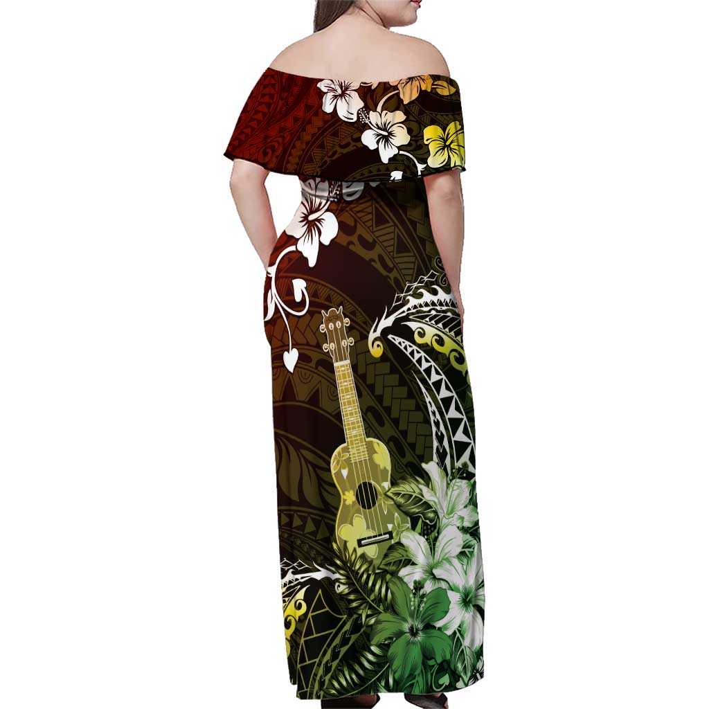Hawaii Ukulele Family Matching Off Shoulder Maxi Dress and Hawaiian Shirt Polynesian Pattern Mix Hibiscus Reggae Version LT05
