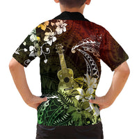 Hawaii Ukulele Family Matching Off Shoulder Short Dress and Hawaiian Shirt Polynesian Pattern Mix Hibiscus Reggae Version LT05