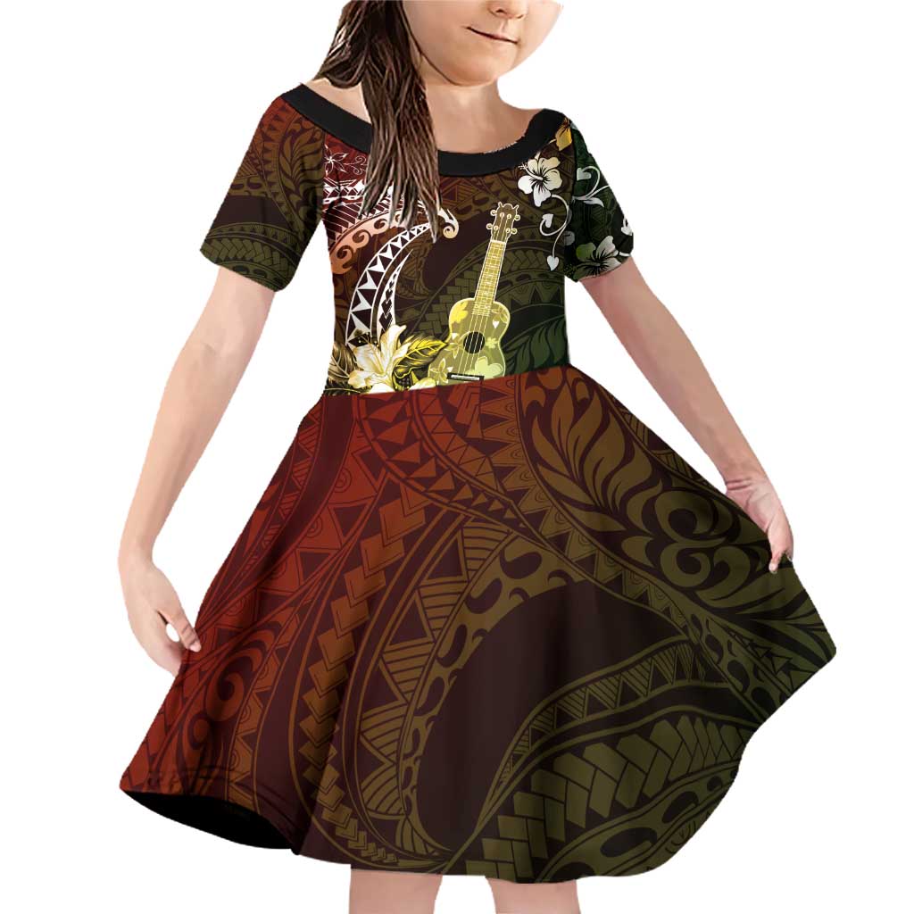 Hawaii Ukulele Family Matching Off Shoulder Short Dress and Hawaiian Shirt Polynesian Pattern Mix Hibiscus Reggae Version LT05