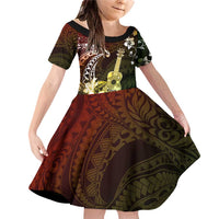 Hawaii Ukulele Family Matching Off Shoulder Short Dress and Hawaiian Shirt Polynesian Pattern Mix Hibiscus Reggae Version LT05