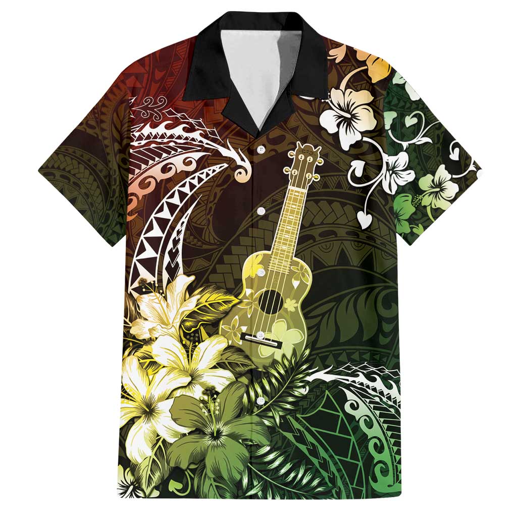 Hawaii Ukulele Family Matching Off Shoulder Short Dress and Hawaiian Shirt Polynesian Pattern Mix Hibiscus Reggae Version LT05